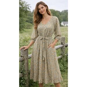 NWT Bobbie Wren Dress M Yellow Floral Ditsy Tiered Ruffled Lined Cottage Core